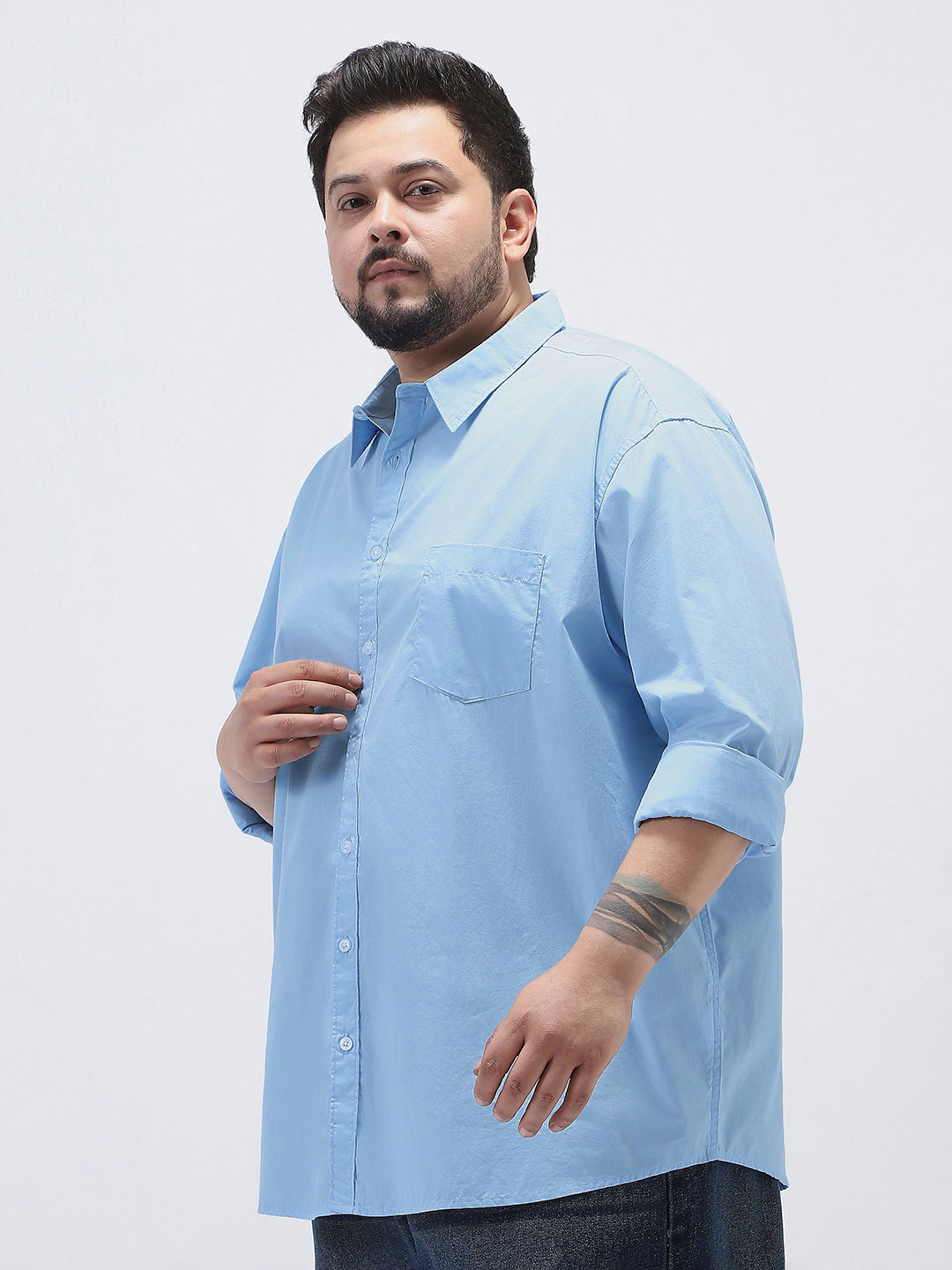 Plus Men's Light Blue Cotton Full Sleeve Regular Fit Casual Solid Shirt