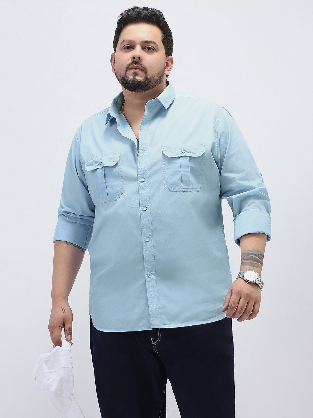 Plus Men's Light Blue Cotton Full Sleeve Regular Fit Casual Solid Shirt