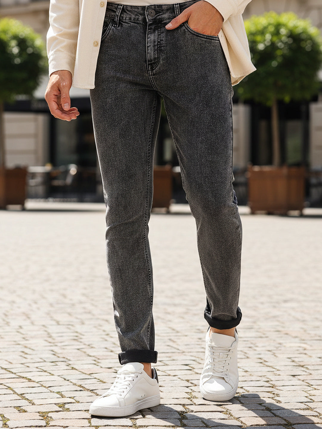 Men's Black Regular Fit Washed Jeans Stretchable