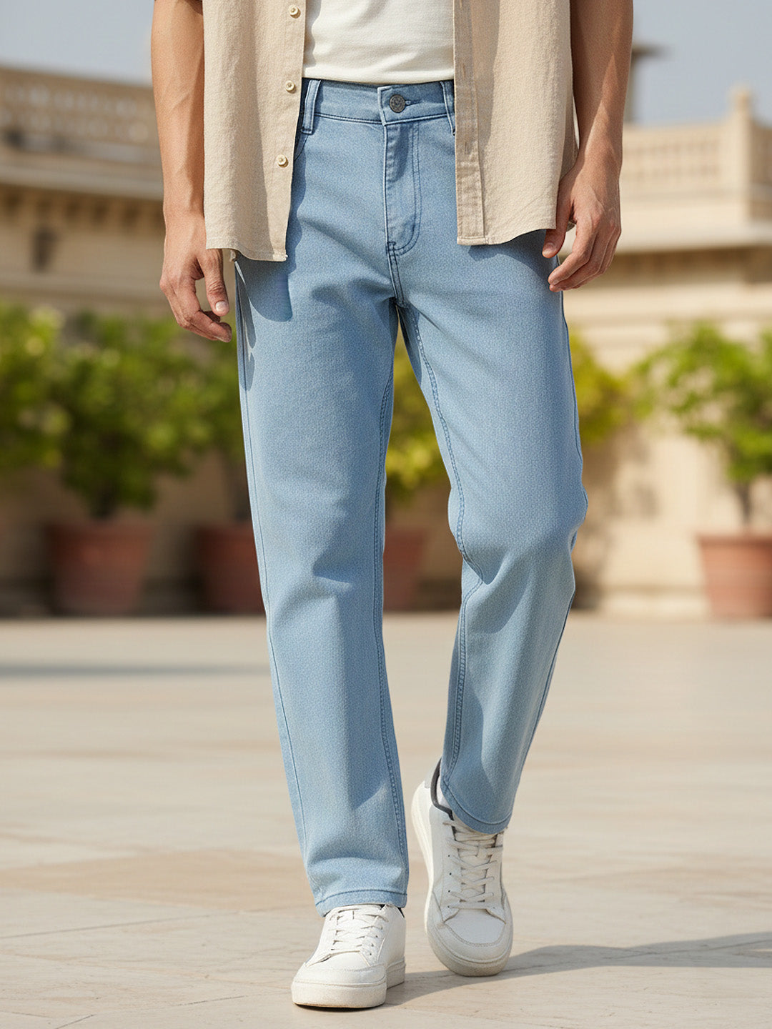 Men's Ice Blue Regular Fit Washed Jeans Stretchable