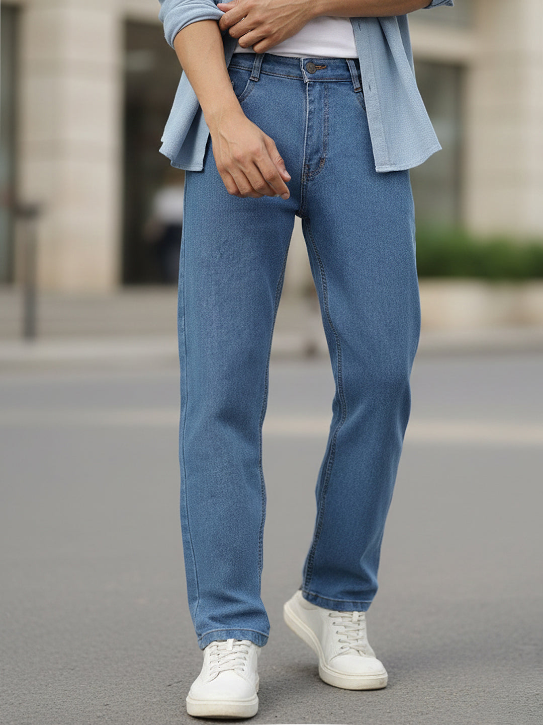 Men's Light Blue Regular Fit Washed Jeans Stretchable