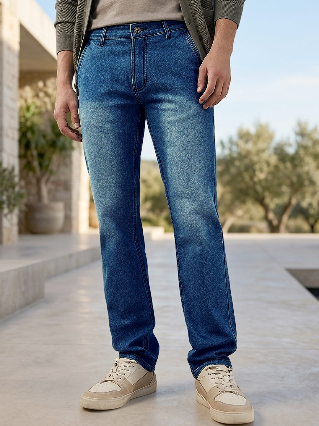 Men's Light Blue Regular Fit Washed Jeans Stretchable
