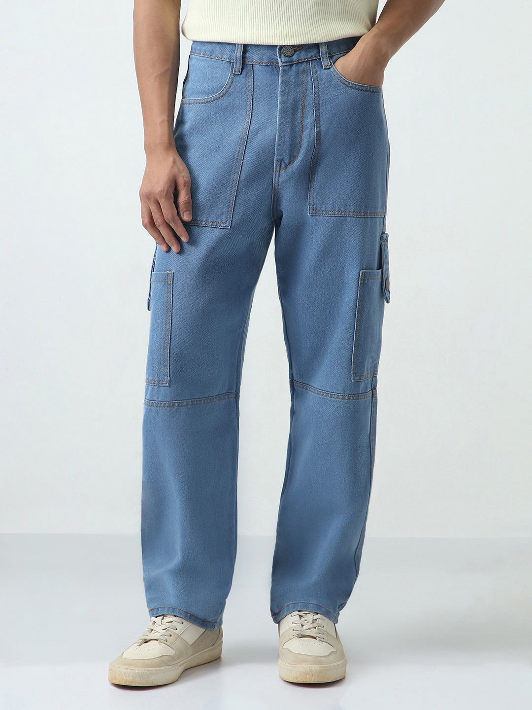 Men's Light Blue Loose Baggy Fit Washed Cargo Jeans with 6 Pockets Non-Stretchable
