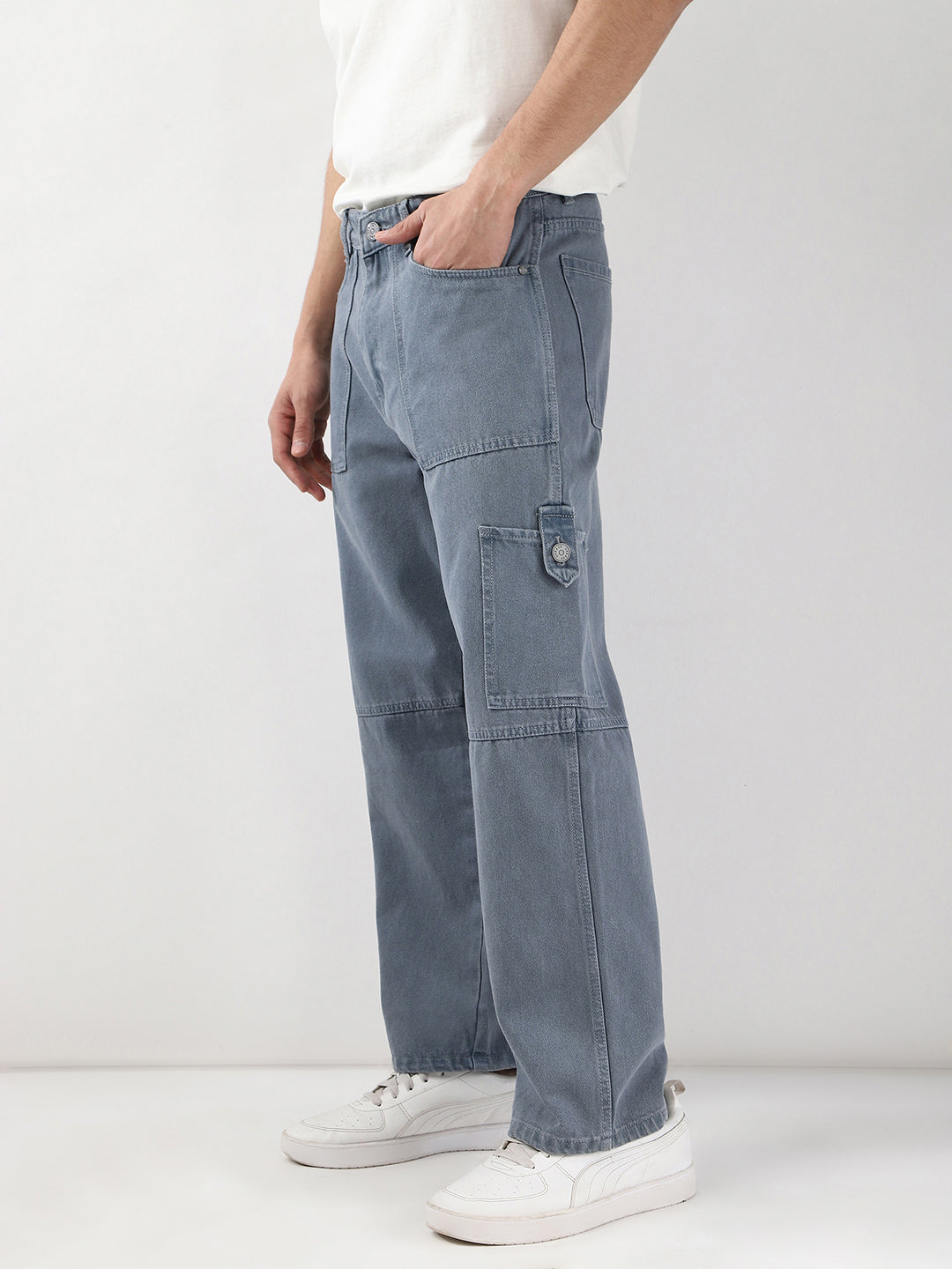 Men's Light Grey Loose Baggy Fit Washed Cargo Jeans with 6 Pockets Non-Stretchable