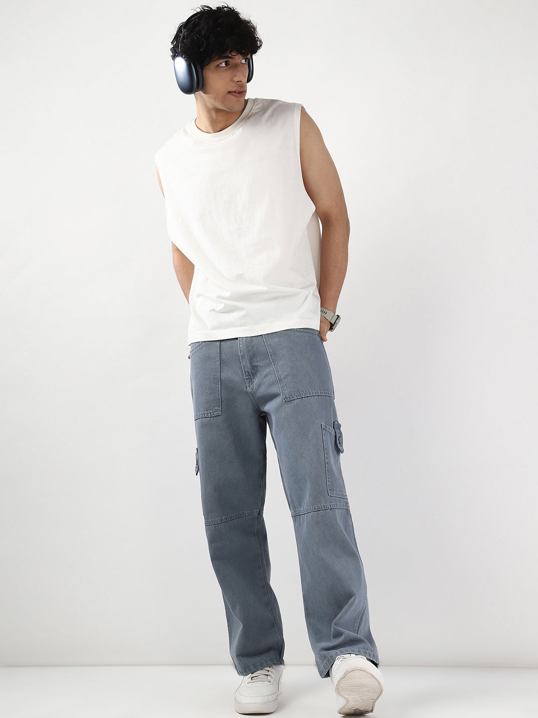 Men's Light Grey Loose Baggy Fit Washed Cargo Jeans with 6 Pockets Non-Stretchable