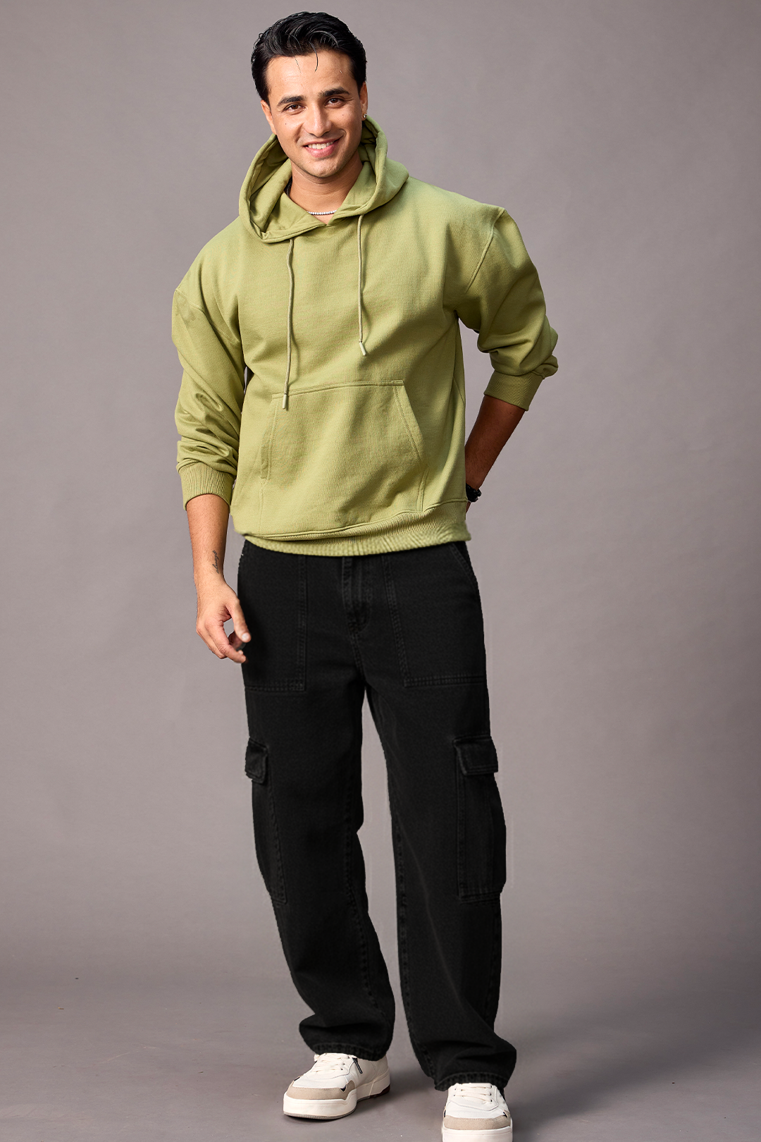 Men's Black Loose Fit Cargo Jeans with 6 Pockets Non-Stretchable