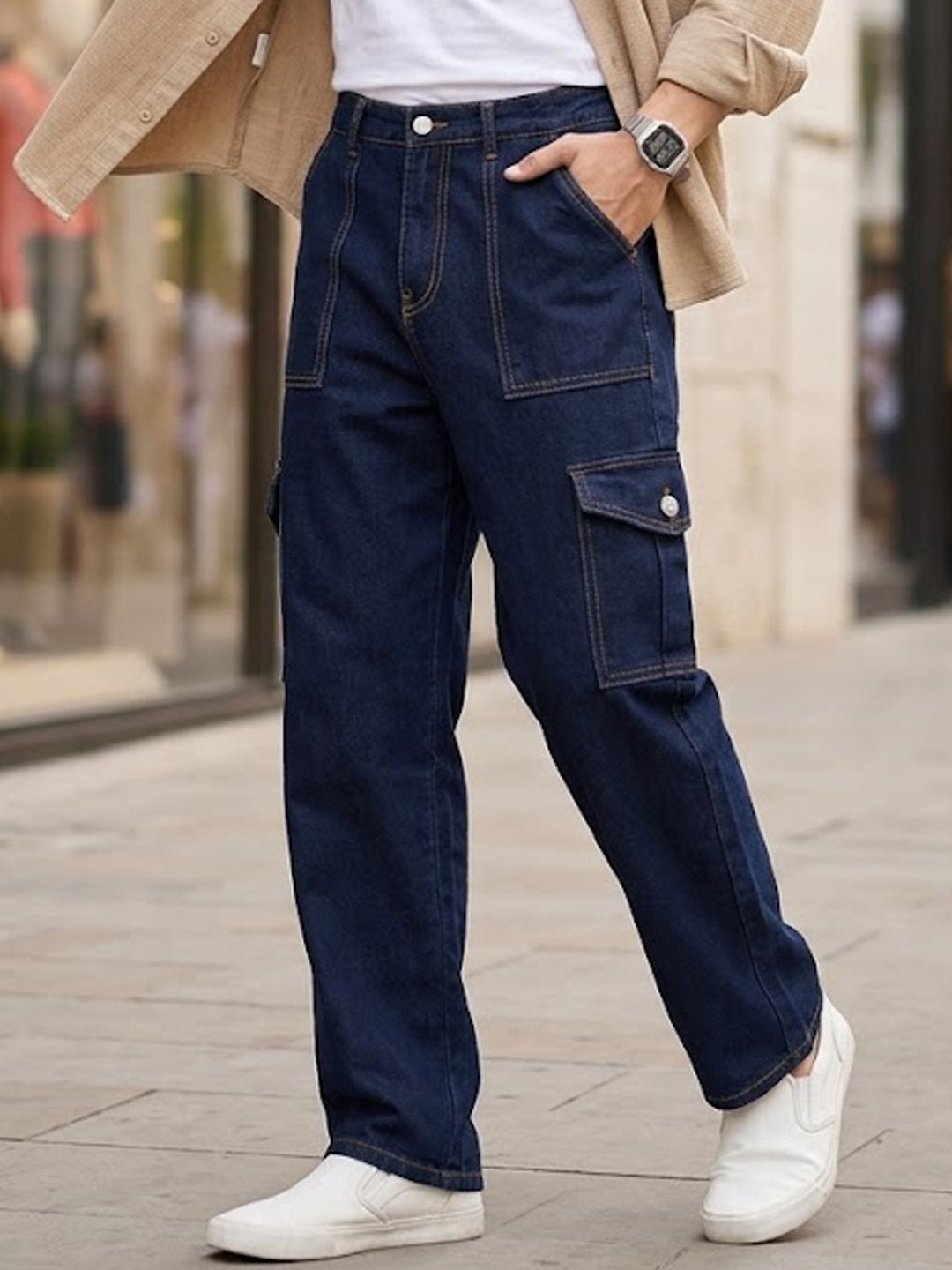 Men's Dark Blue Loose Fit Cargo Jeans with 6 Pockets Non-Stretchable