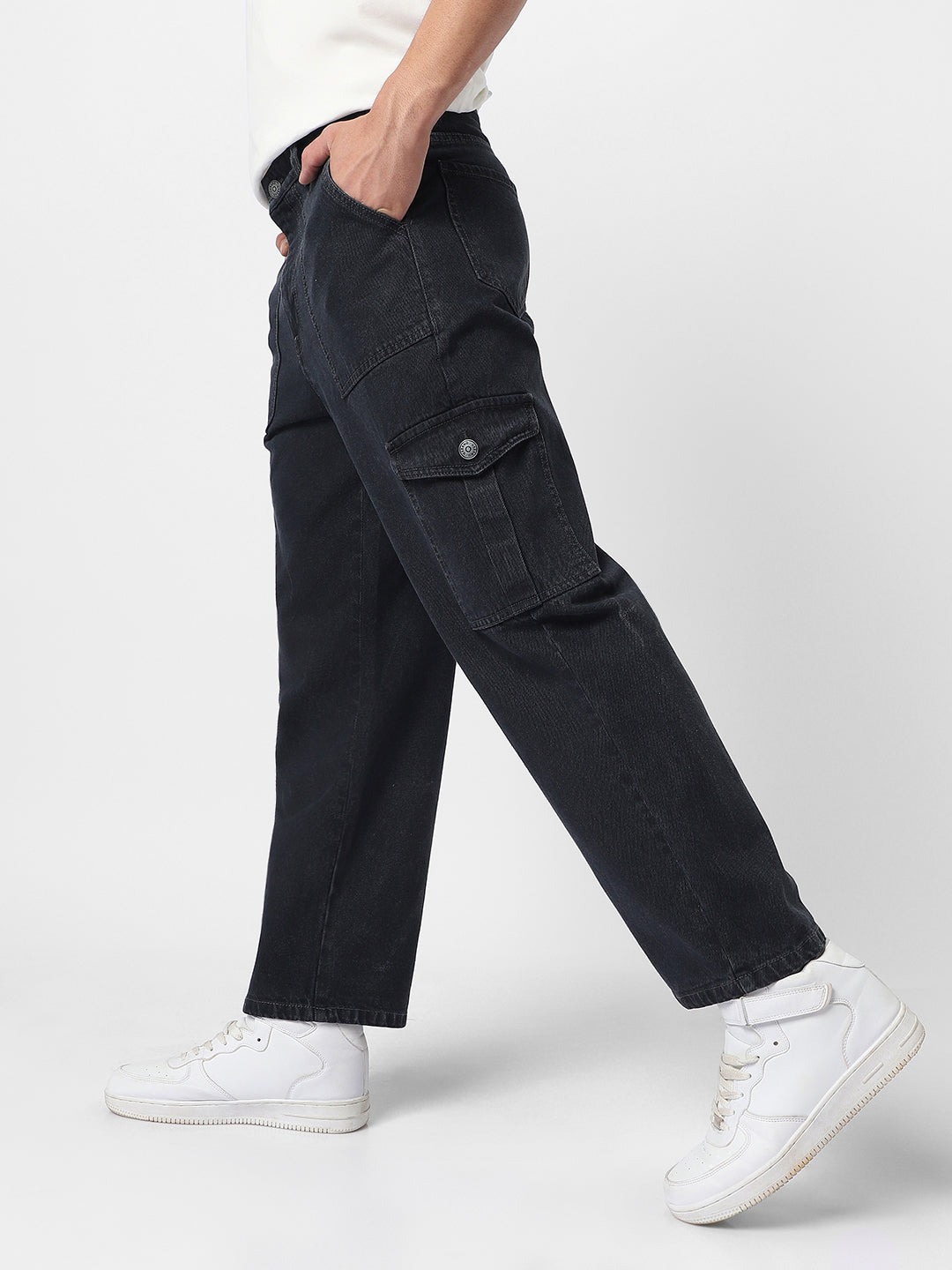Men's Dark Grey Loose Fit Cargo Jeans with 6 Pockets Non-Stretchable