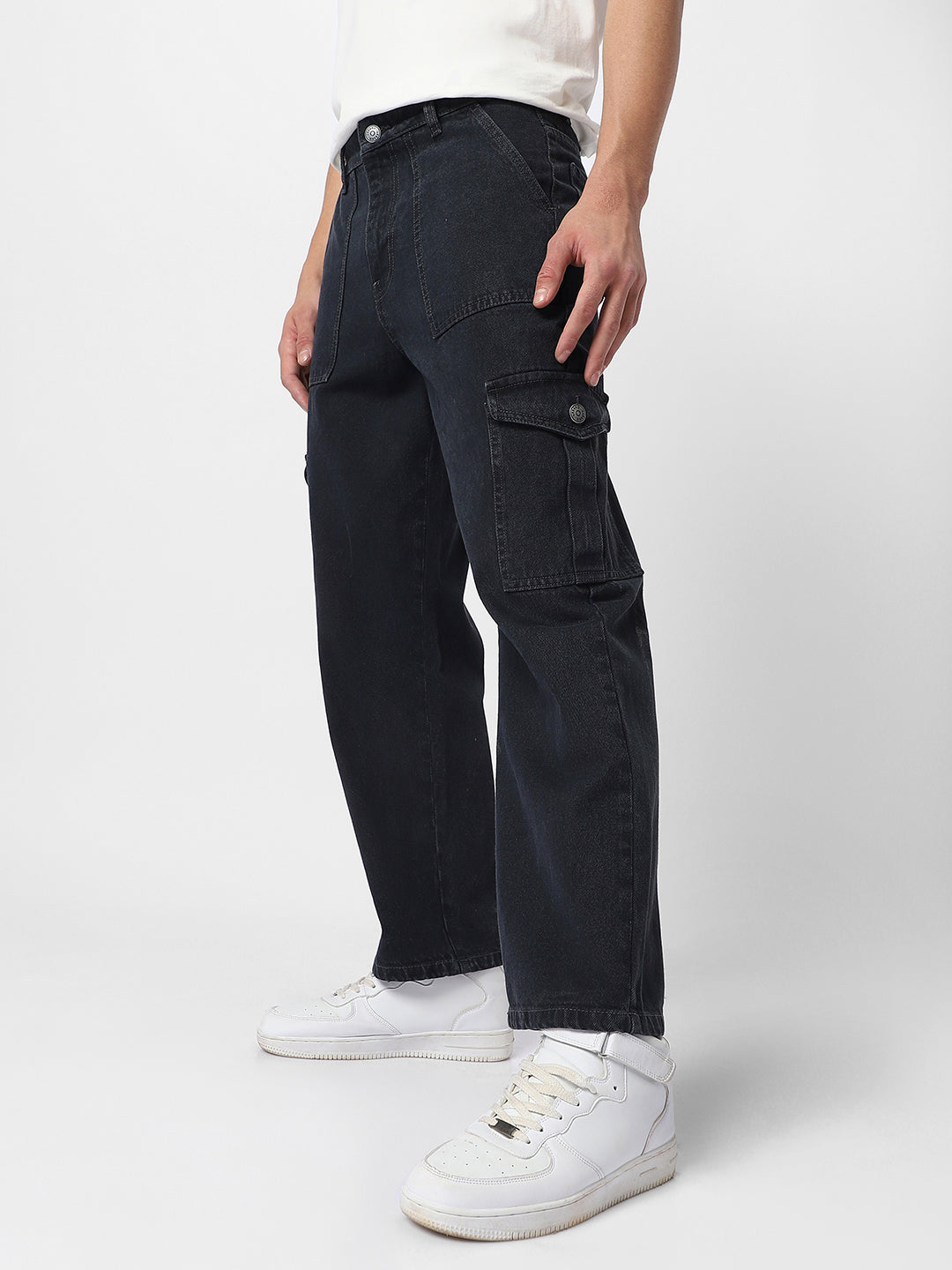 Men's Dark Grey Loose Fit Cargo Jeans with 6 Pockets Non-Stretchable
