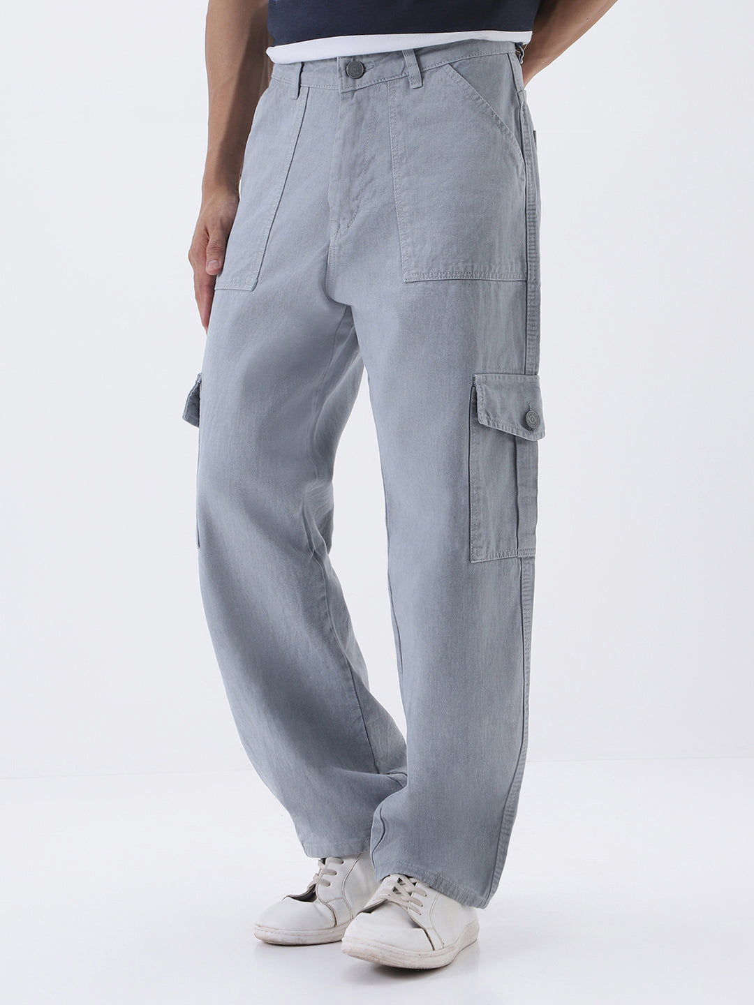 Men's Ice Grey Loose Fit Cargo Jeans with 6 Pockets Non-Stretchable