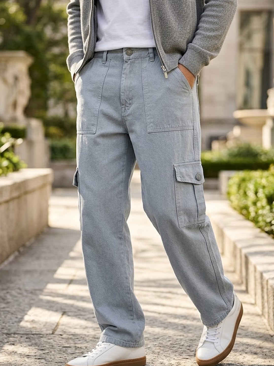 Men's Ice Grey Loose Fit Cargo Jeans with 6 Pockets Non-Stretchable