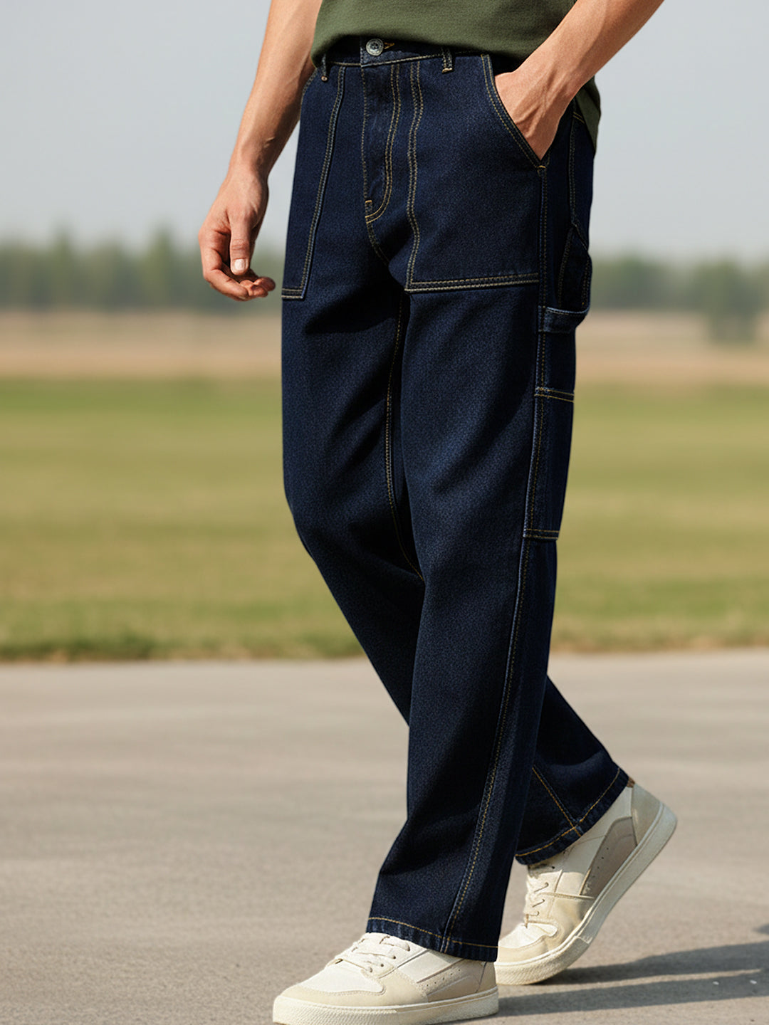 Men's Dark Blue Loose Fit Cargo Carpenter Jeans With 6 Pockets Non-Stretchable