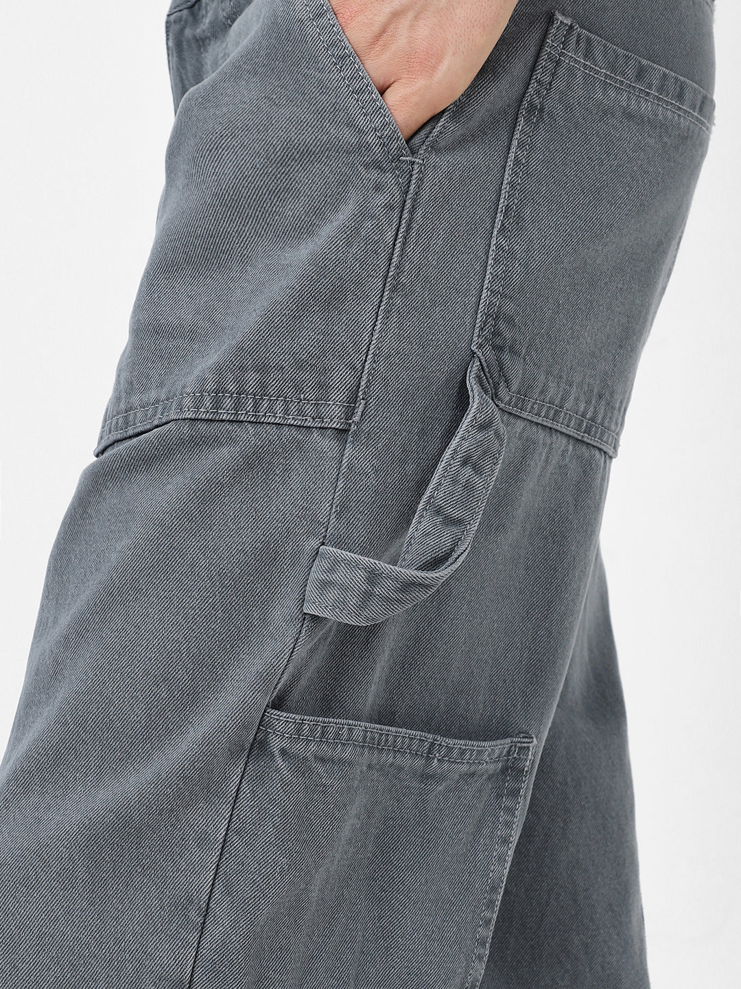 Men's Light Grey Loose Fit Cargo Carpenter Jeans With 6 Pockets Non-Stretchable