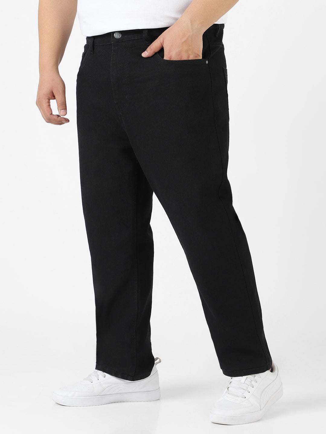 Plus Men's Black Regular Fit Denim Jeans Stretchable