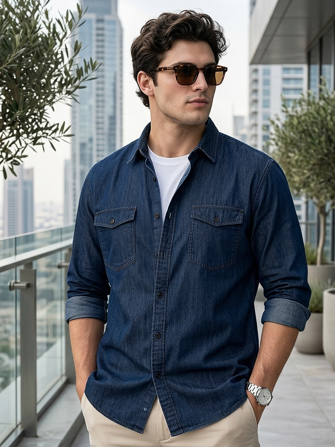 Plus Men's Dark Blue Full Sleeve Regular Fit Casual Denim Shirt