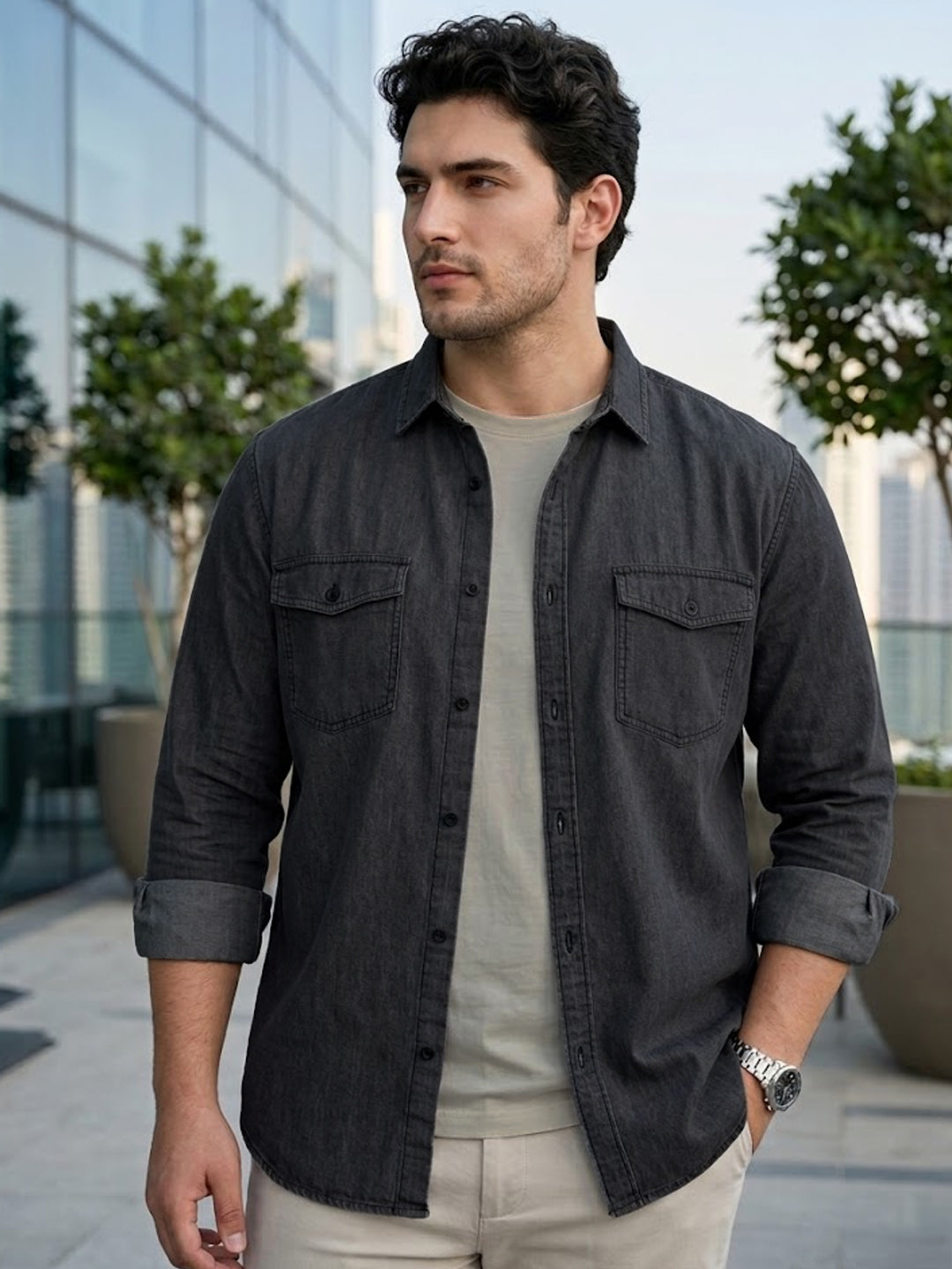 Plus Men's Dark Grey Full Sleeve Regular Fit Casual Denim Shirt