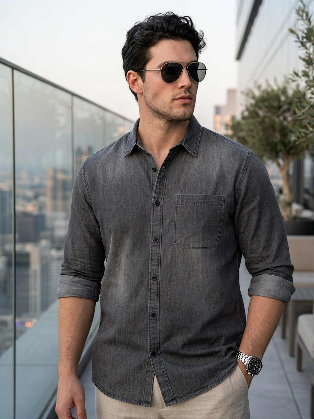 Plus Men's Grey Full Sleeve Regular Fit Casual Denim Shirt