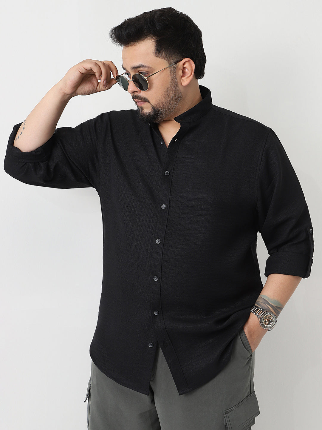 Plus Men's Black Linen Blend Full Sleeve Relaxed Fit Mandarin Collar Casual Solid Shirt