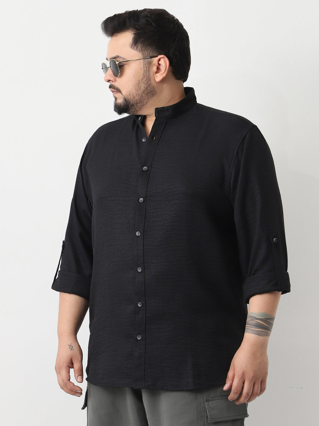 Plus Men's Black Linen Blend Full Sleeve Relaxed Fit Mandarin Collar Casual Solid Shirt