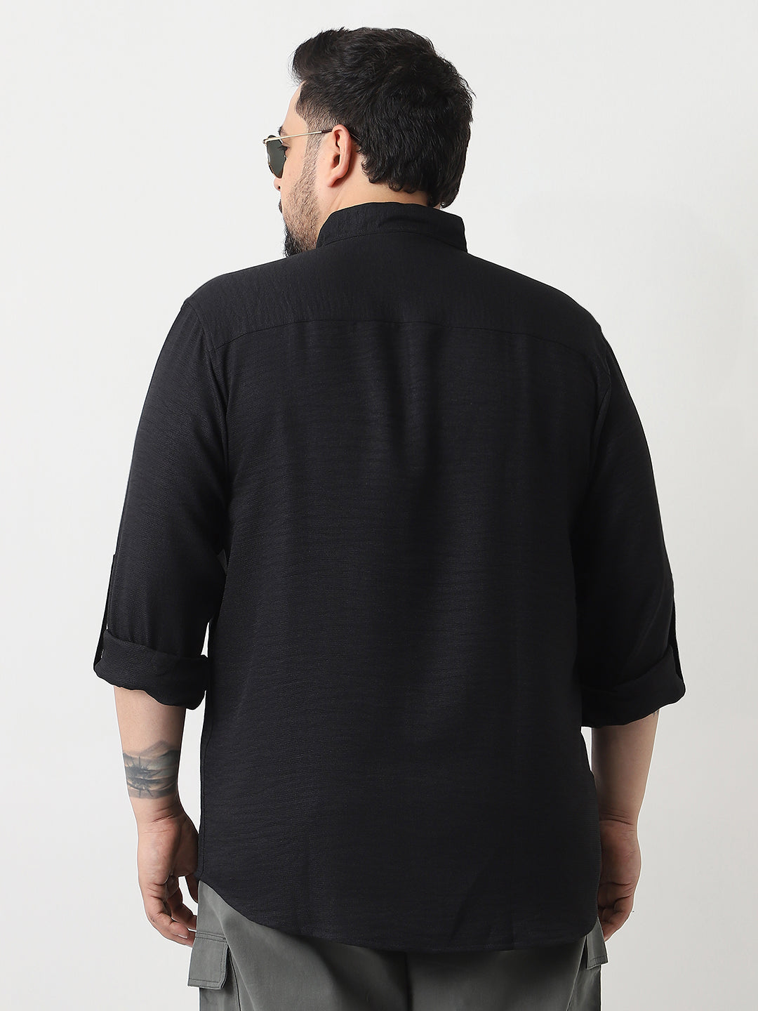 Plus Men's Black Linen Blend Full Sleeve Relaxed Fit Mandarin Collar Casual Solid Shirt