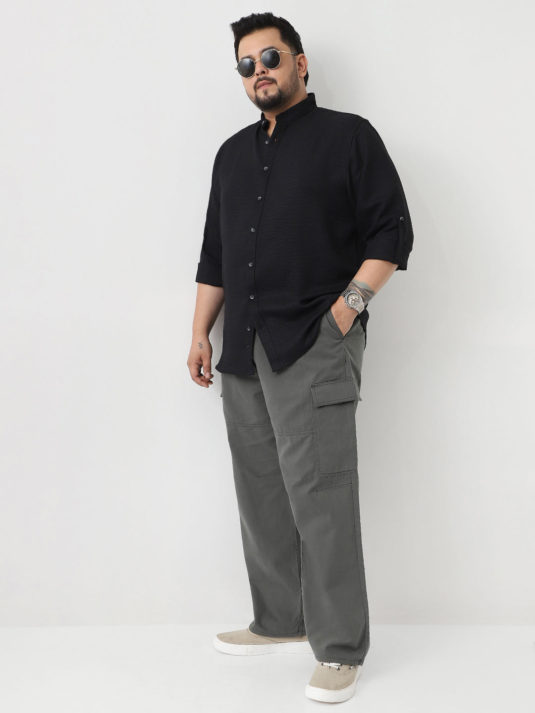 Plus Men's Black Linen Blend Full Sleeve Relaxed Fit Mandarin Collar Casual Solid Shirt