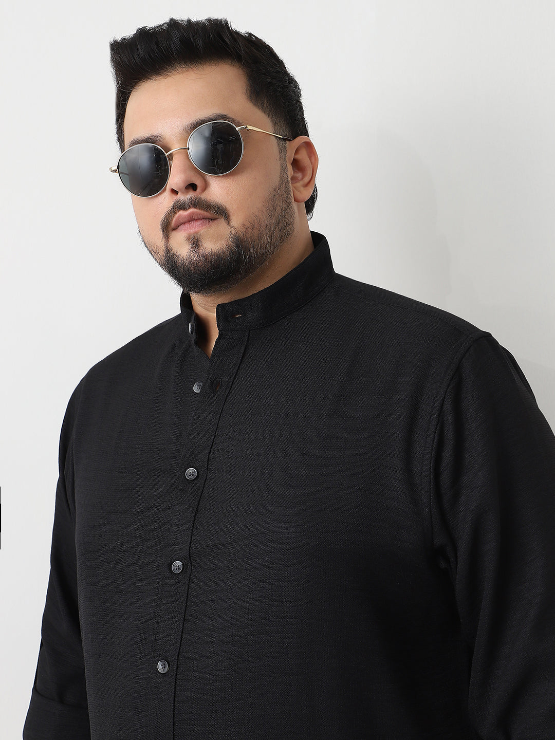 Plus Men's Black Linen Blend Full Sleeve Relaxed Fit Mandarin Collar Casual Solid Shirt