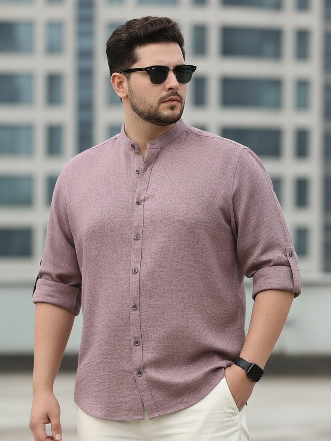 Plus Men's Purple Linen Blend Full Sleeve Relaxed Fit Mandarin Collar Casual Solid Shirt