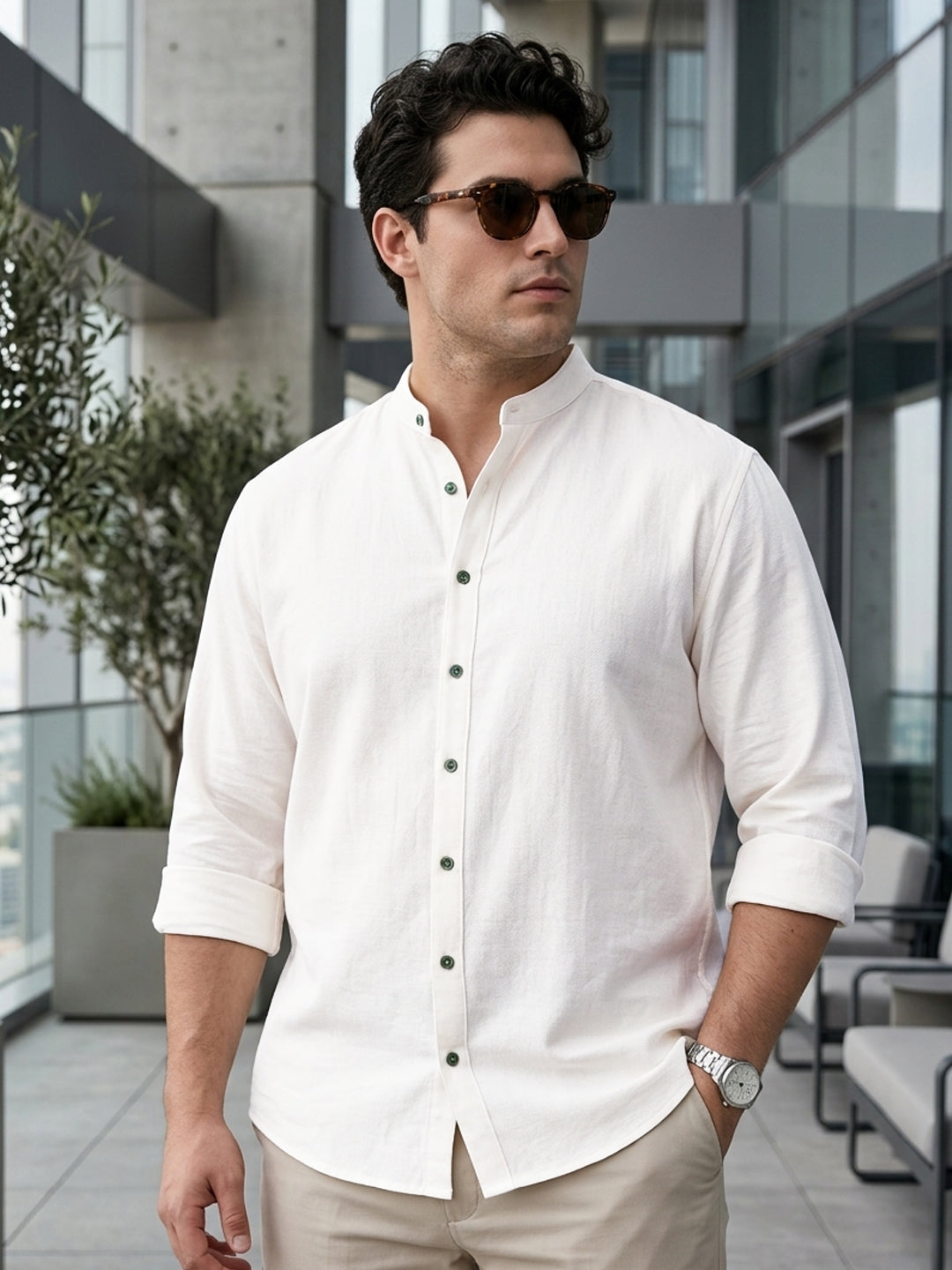Plus Men's White Linen Blend Full Sleeve Relaxed Fit Mandarin Collar Casual Solid Shirt