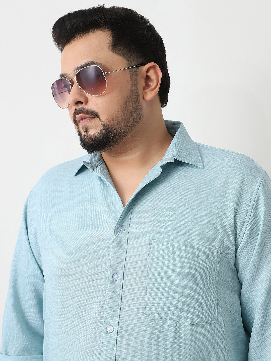 Plus Men's Light Blue Linen Blend Full Sleeve Relaxed Fit Casual Solid Shirt