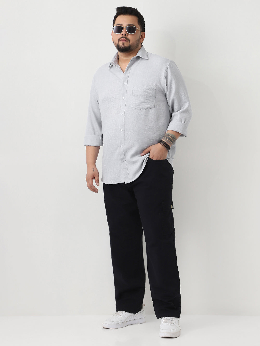 Plus Men's Light Grey Linen Blend Full Sleeve Relaxed Fit Casual Solid Shirt
