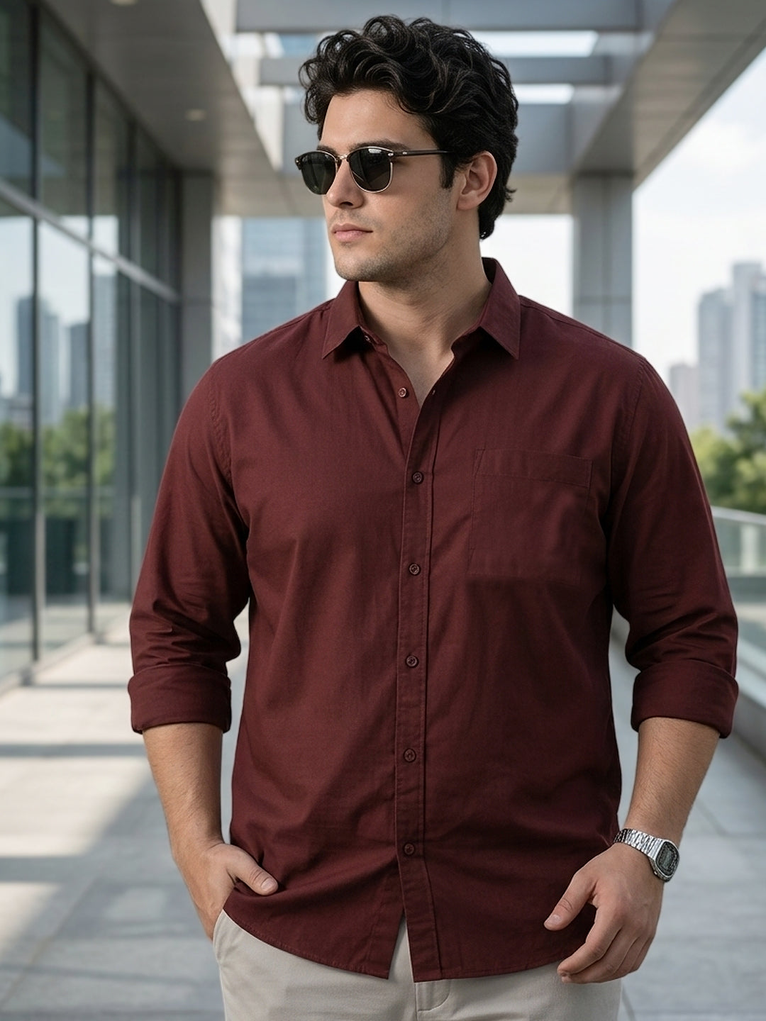 Plus Men's Maroon Cotton Full Sleeve Regular Fit Casual Solid Shirt