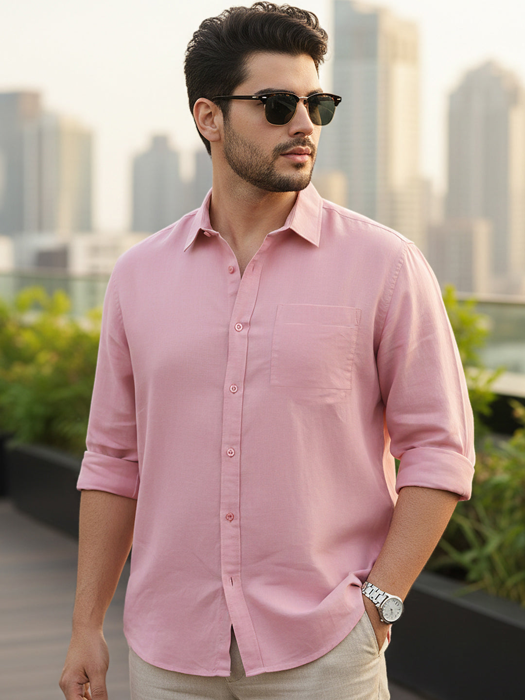 Plus Men's Pink Cotton Full Sleeve Regular Fit Casual Solid Shirt