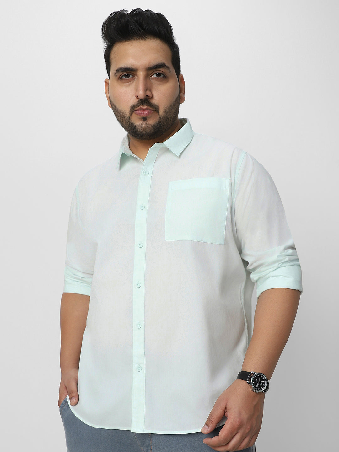 Plus Men's Pastel Blue Cotton Full Sleeve Regular Fit Casual Solid Shirt