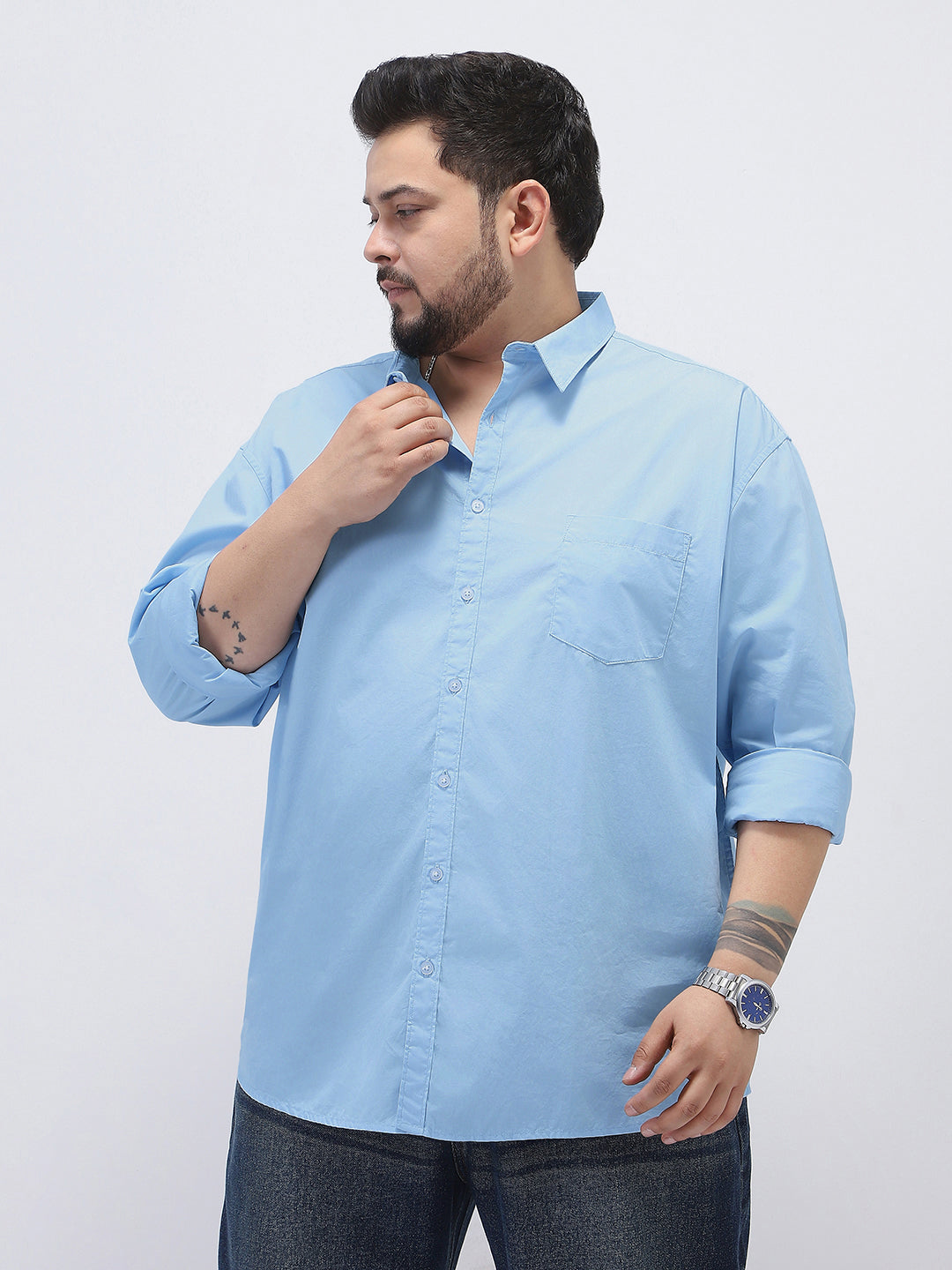 Plus Men's Light Blue Cotton Full Sleeve Regular Fit Casual Solid Shirt