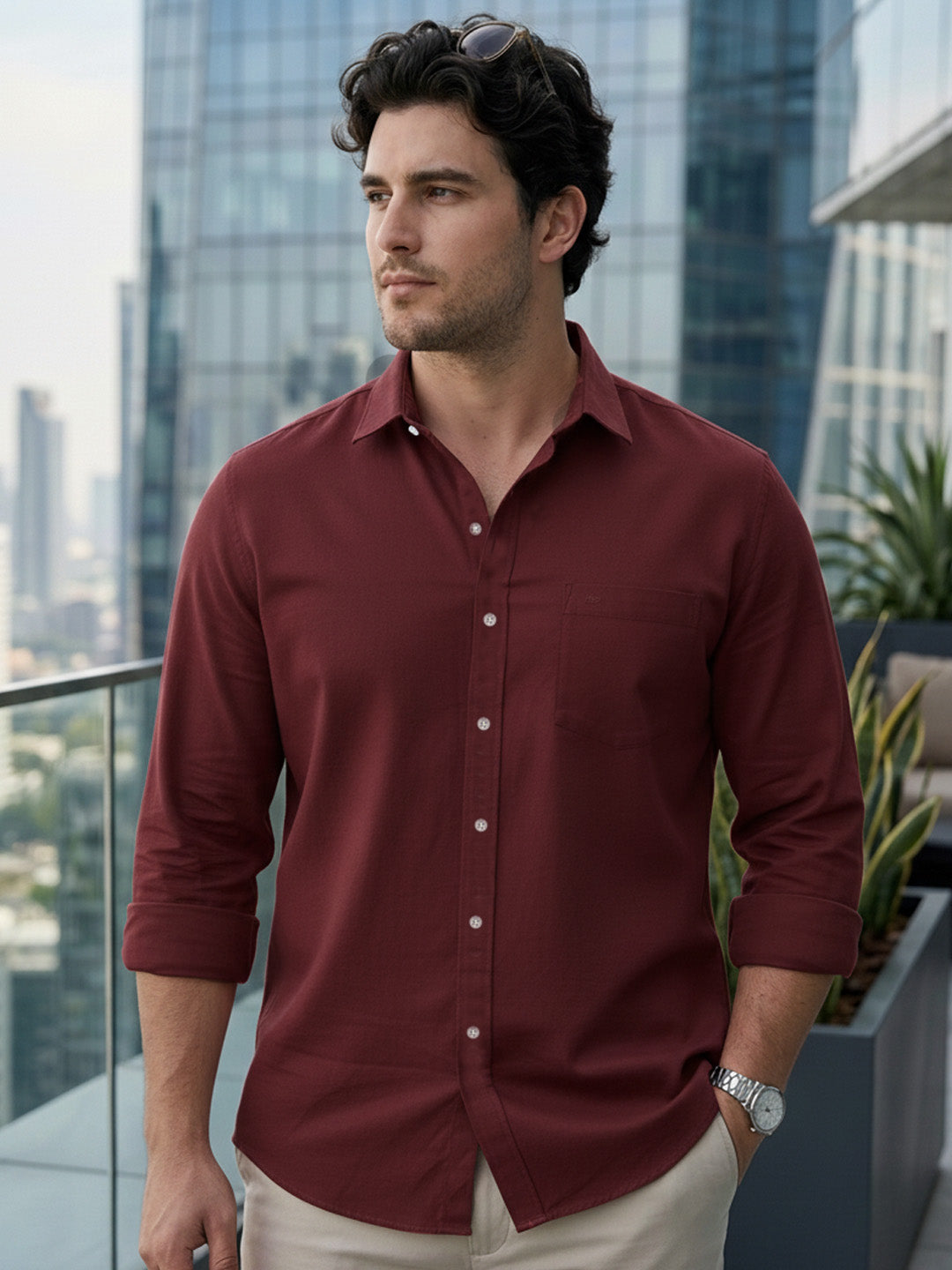 Plus Men's Maroon Cotton Full Sleeve Regular Fit Casual Solid Shirt