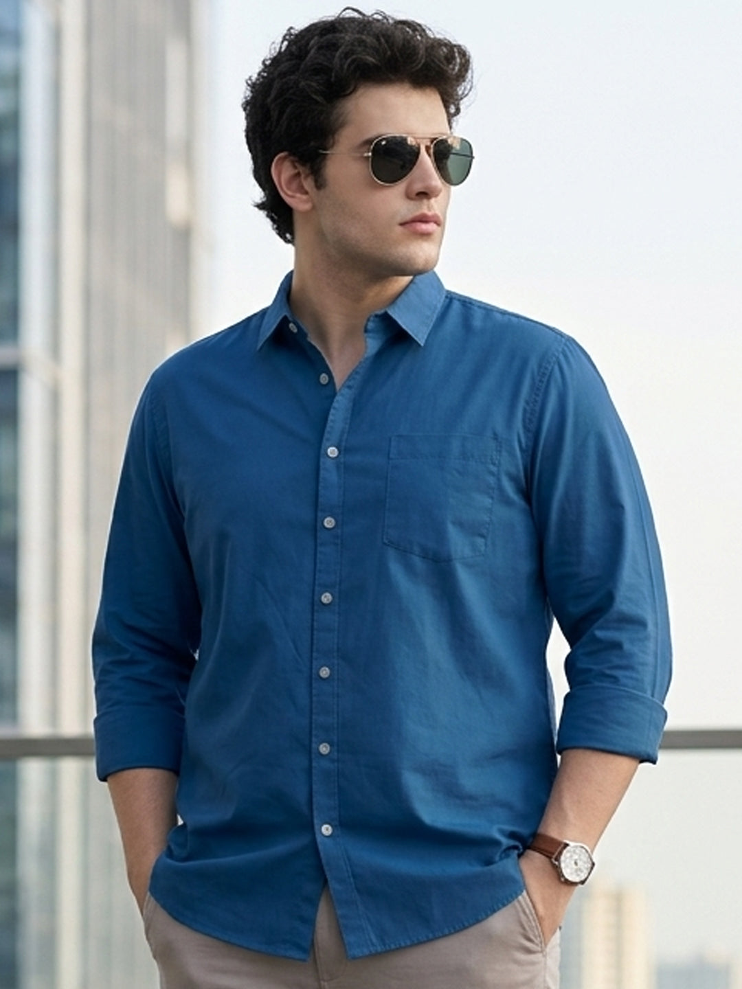 Plus Men's Royal Blue Cotton Full Sleeve Regular Fit Casual Solid Shirt