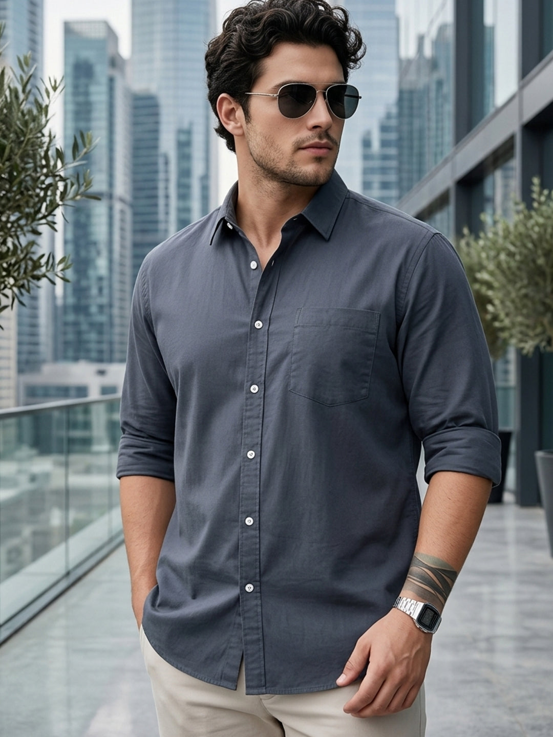 Plus Men's Slate Blue Cotton Full Sleeve Regular Fit Casual Solid Shirt
