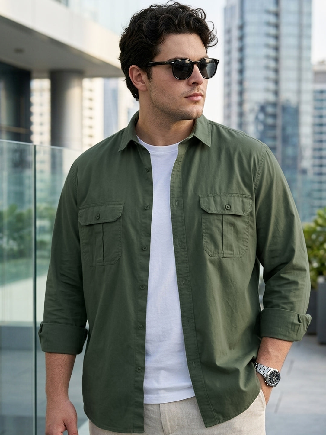 Plus Men's Sage Green Cotton Full Sleeve Regular Fit Casual Solid Shirt