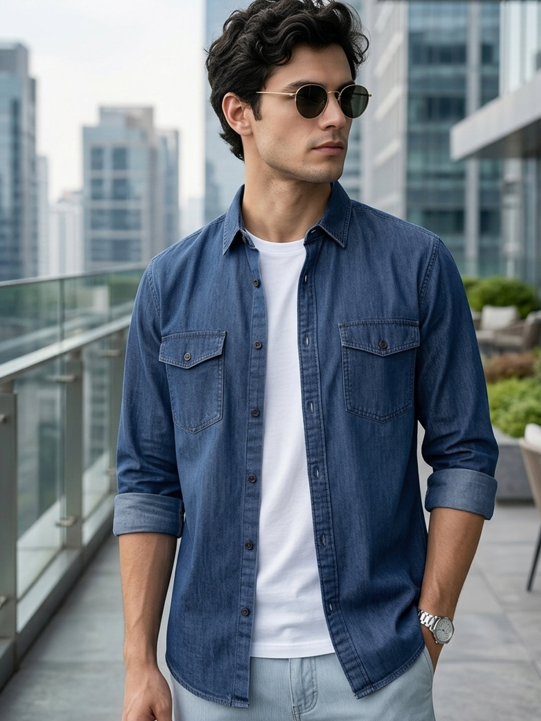 Men's Dark Blue Full Sleeve Regular Fit Casual Denim Shirt