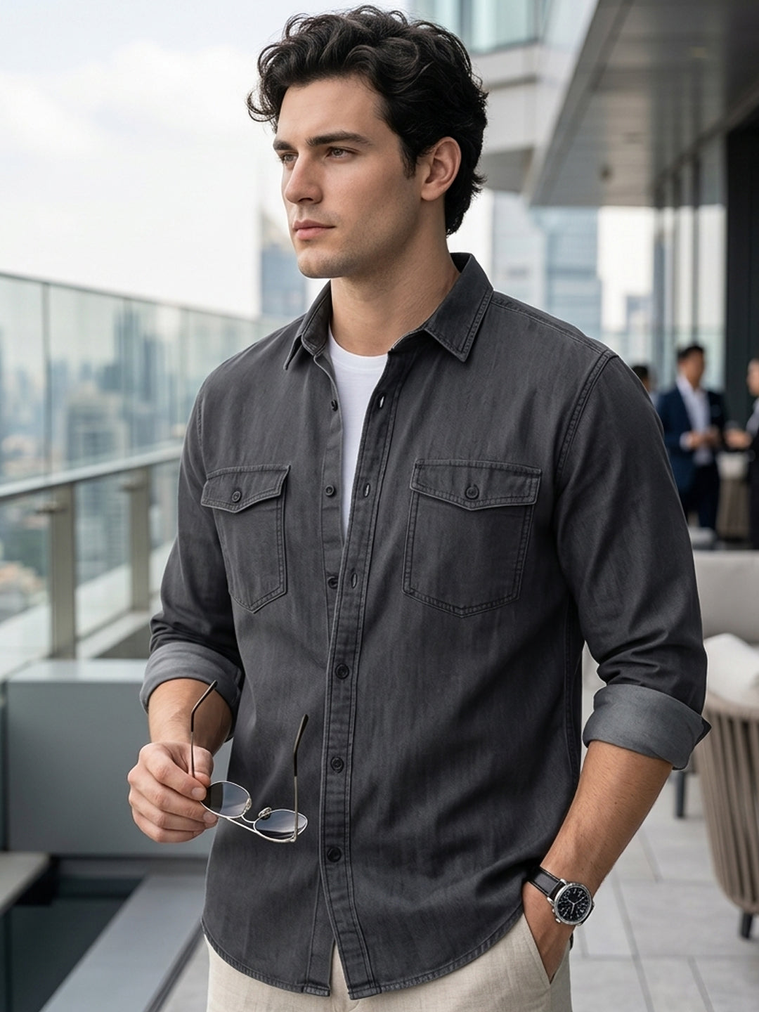Men's Dark Grey Full Sleeve Regular Fit Casual Denim Shirt