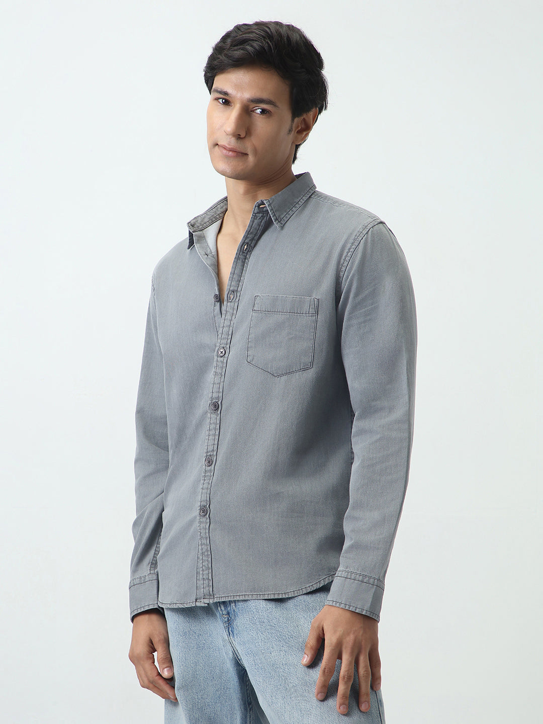 Men's Ice Grey Regular Fit Full Sleeve Solid Denim Shirt