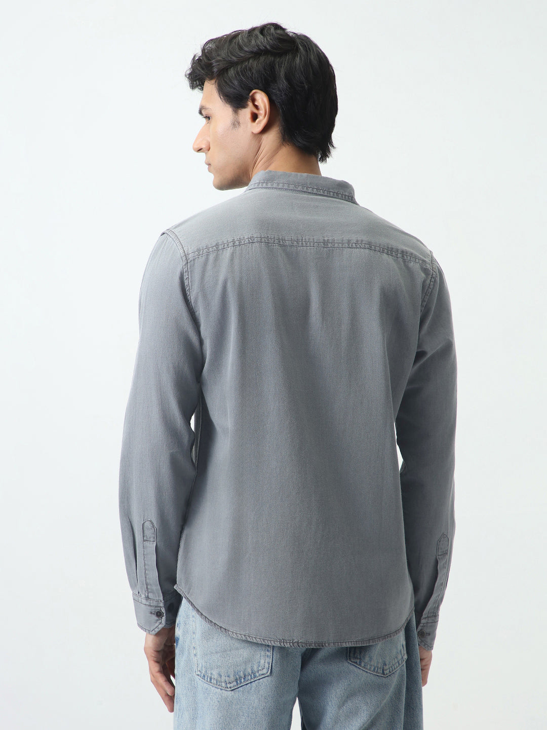 Men's Ice Grey Regular Fit Full Sleeve Solid Denim Shirt