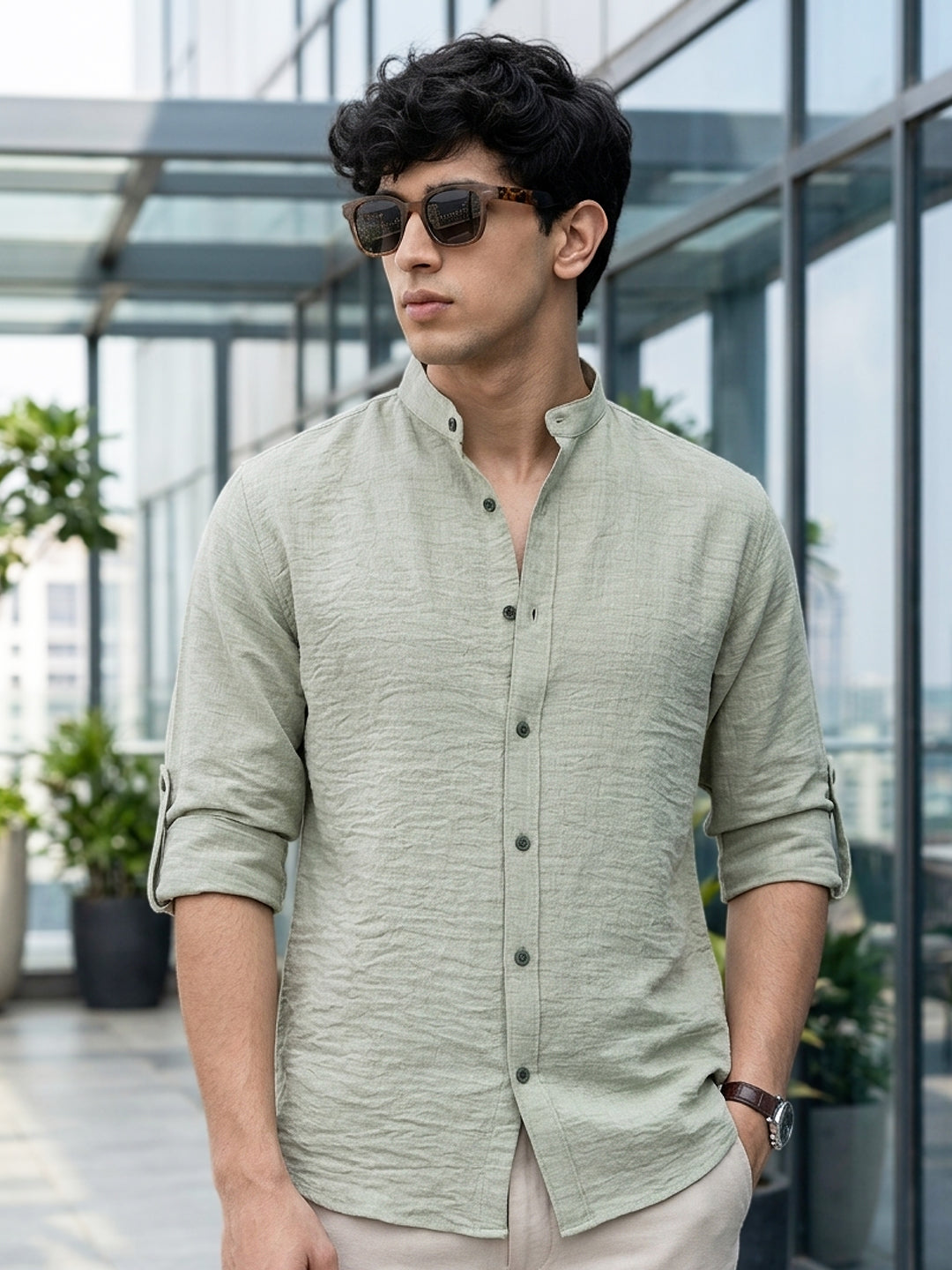 Men's Beige Linen Blend Full Sleeve Relaxed Fit Mandarin Collar Casual Solid Shirt