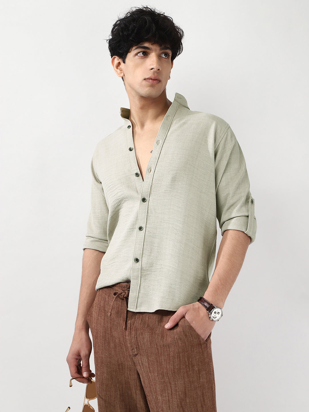 Men's Light Grey Linen Blend Full Sleeve Relaxed Fit Mandarin Collar Casual Solid Shirt