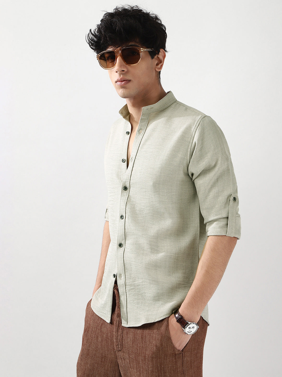 Men's Light Grey Linen Blend Full Sleeve Relaxed Fit Mandarin Collar Casual Solid Shirt