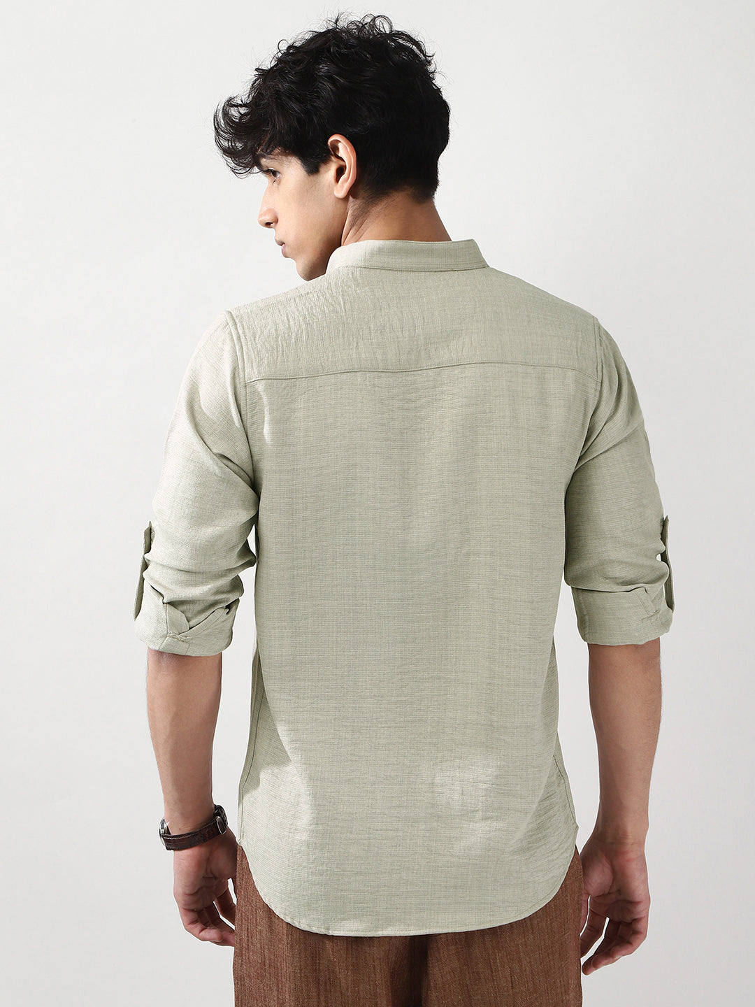 Men's Light Grey Linen Blend Full Sleeve Relaxed Fit Mandarin Collar Casual Solid Shirt