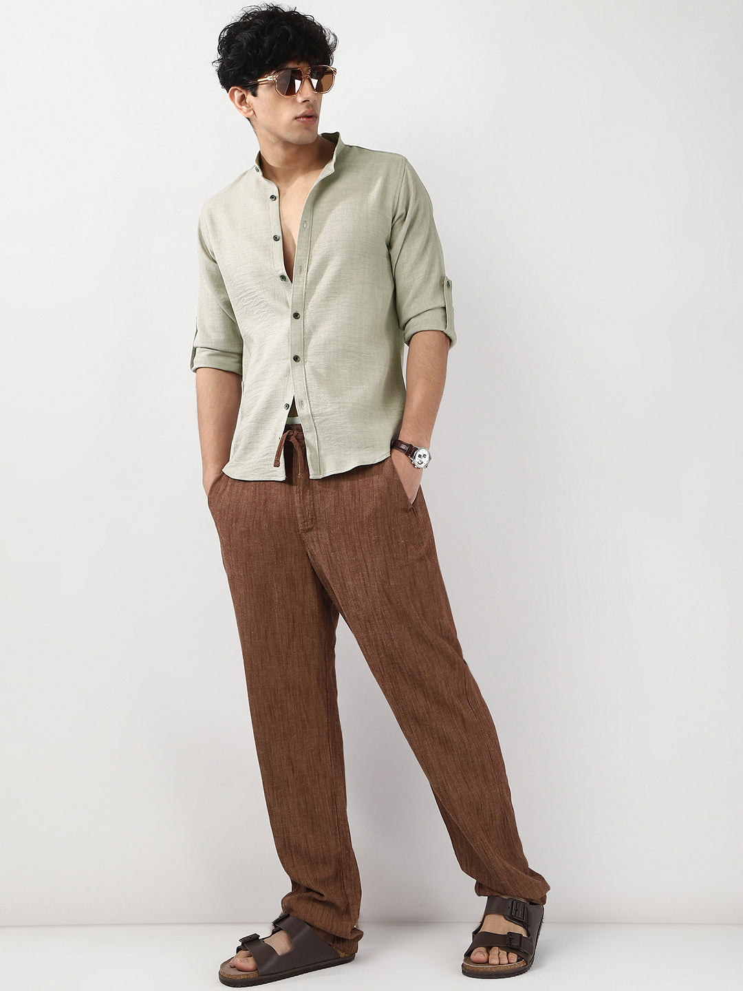 Men's Light Grey Linen Blend Full Sleeve Relaxed Fit Mandarin Collar Casual Solid Shirt
