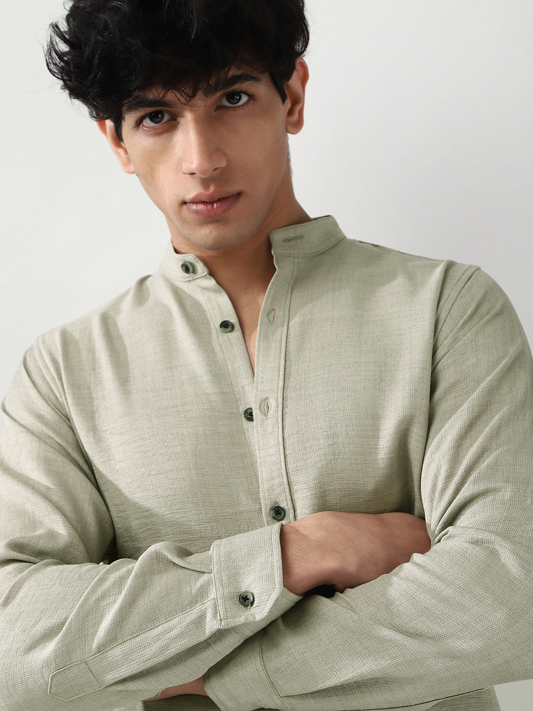 Men's Light Grey Linen Blend Full Sleeve Relaxed Fit Mandarin Collar Casual Solid Shirt