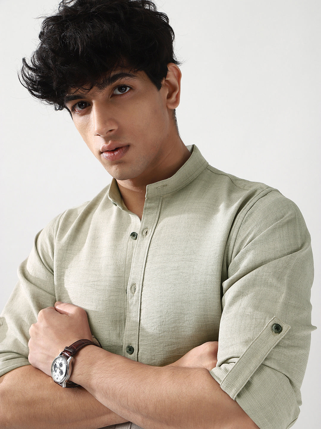 Men's Light Grey Linen Blend Full Sleeve Relaxed Fit Mandarin Collar Casual Solid Shirt