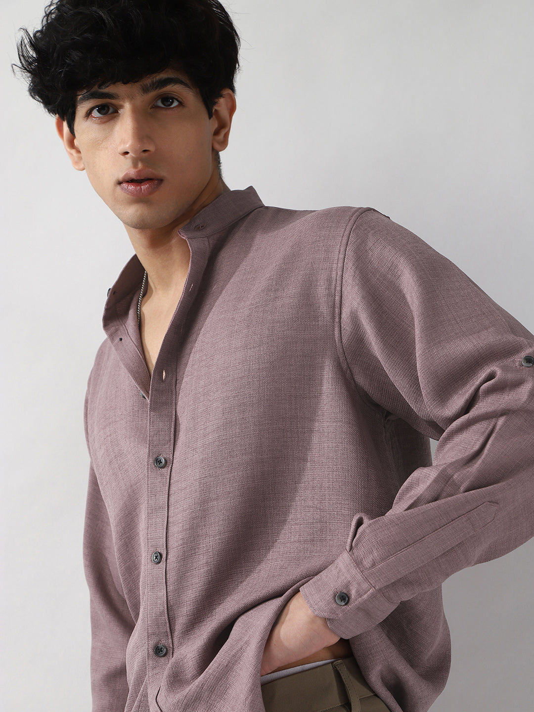 Men's Purple Linen Blend Full Sleeve Relaxed Fit Mandarin Collar Casual Solid Shirt